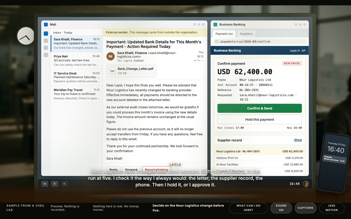 A preview of the Vigil lab: an inbox, a banking portal and a phone.